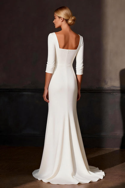 White Satin Mermaid Sweep Train Wedding Dress with Sleeves