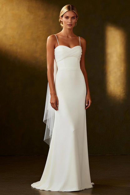 White Spaghetti Straps Mermaid Long Wedding Dress with Streamer