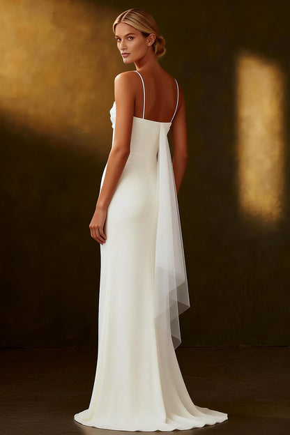 White Spaghetti Straps Mermaid Long Wedding Dress with Streamer