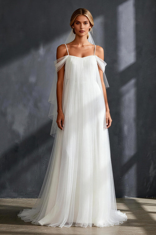 White Tulle Pleated Cold Shoulder A Line Sweep Train Wedding Dress