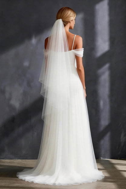 White Tulle Pleated Cold Shoulder A Line Sweep Train Wedding Dress