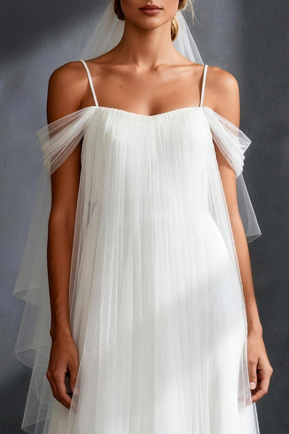 White Tulle Pleated Cold Shoulder A Line Sweep Train Wedding Dress