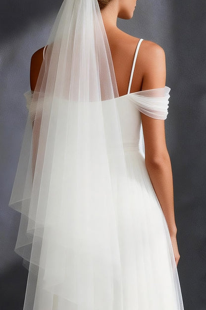 White Tulle Pleated Cold Shoulder A Line Sweep Train Wedding Dress