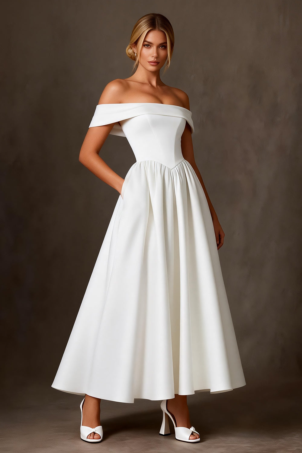 White Satin Off The Shoulder A Line Ankle Length Wedding Dress