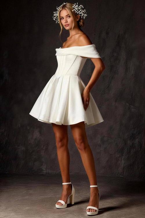 White Corset Ruched Off The Shoulder A Line Short Wedding Dress