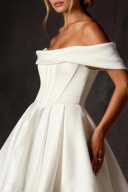 White Corset Ruched Off The Shoulder A Line Short Wedding Dress