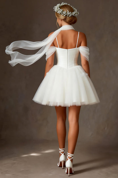 White Tulle Cold Shoulder A Line Corset Short Wedding Dress