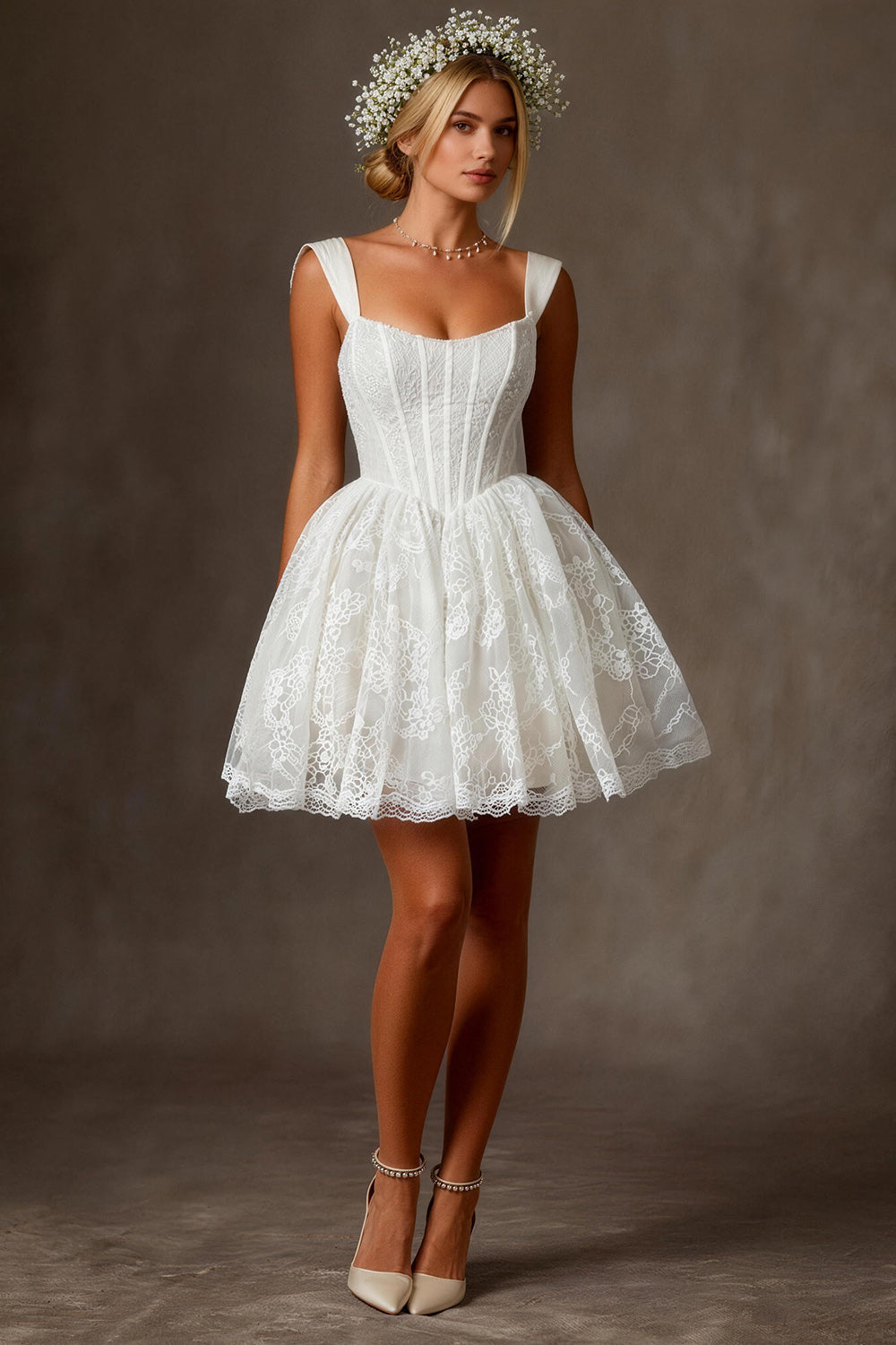 White Lace Corset A Line Thick Straps Short Wedding Dress