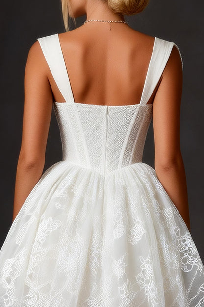 White Lace Corset A Line Thick Straps Short Wedding Dress