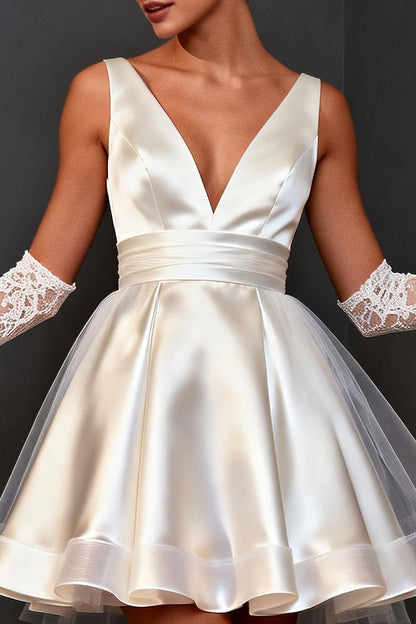 White Satin V Neck A Line Short Wedding Dress