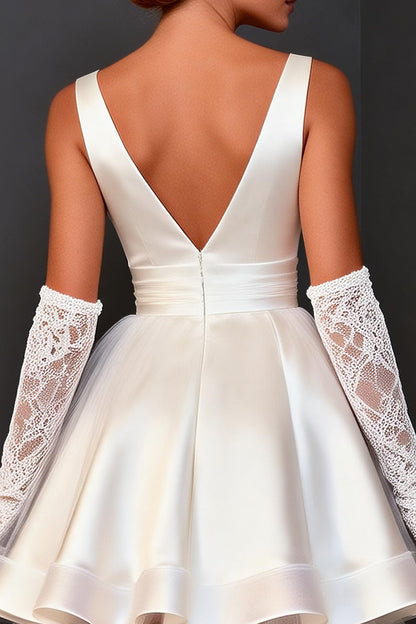 White Satin V Neck A Line Short Wedding Dress