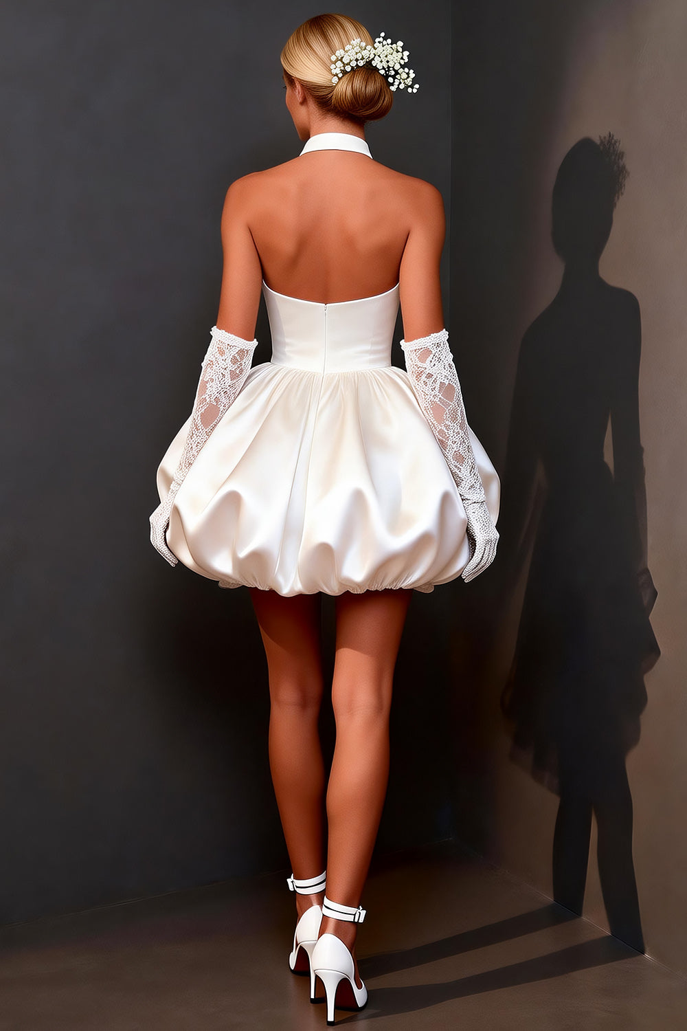 White Satin Halter Keyhole A Line Short Wedding Dress