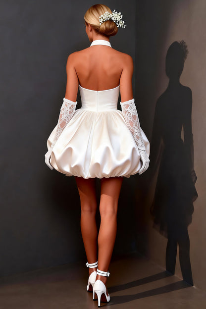 White Satin Halter Keyhole A Line Short Wedding Dress