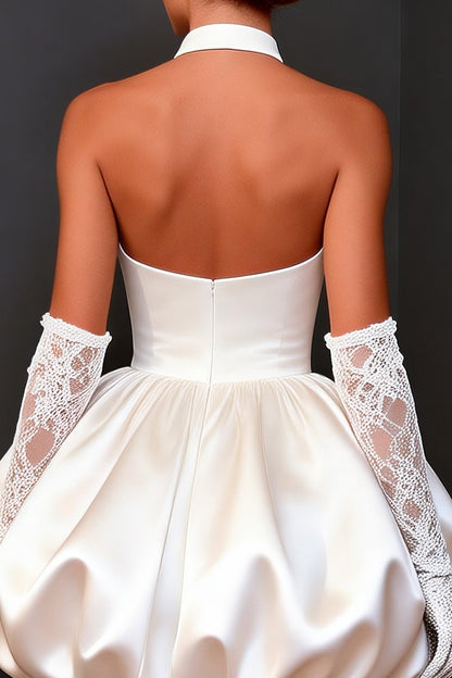 White Satin Halter Keyhole A Line Short Wedding Dress