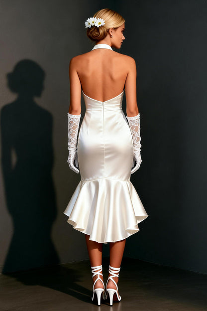 White Satin Halter Bodycon High-Low Wedding Dress with Ruffles