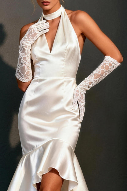 White Satin Halter Bodycon High-Low Wedding Dress with Ruffles