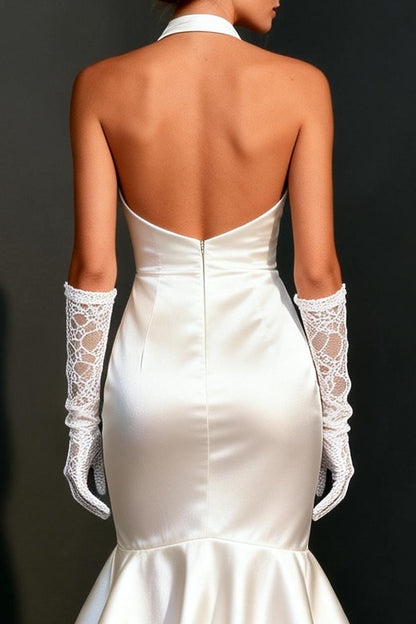 White Satin Halter Bodycon High-Low Wedding Dress with Ruffles