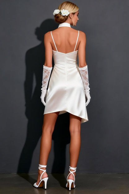 White Satin Ruched Bodycon Halter Short Wedding Dress