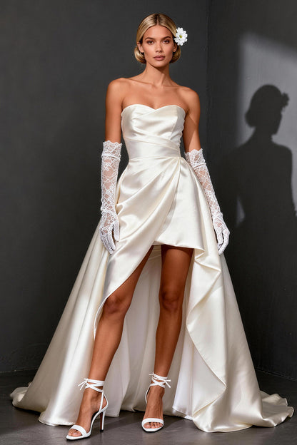 White Satin Strapless A Line High-Low Wedding Dress