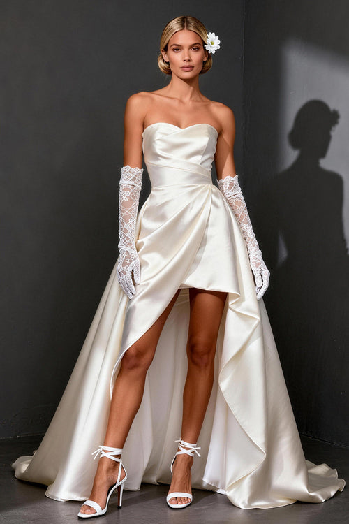 White Satin Strapless A Line High-Low Wedding Dress