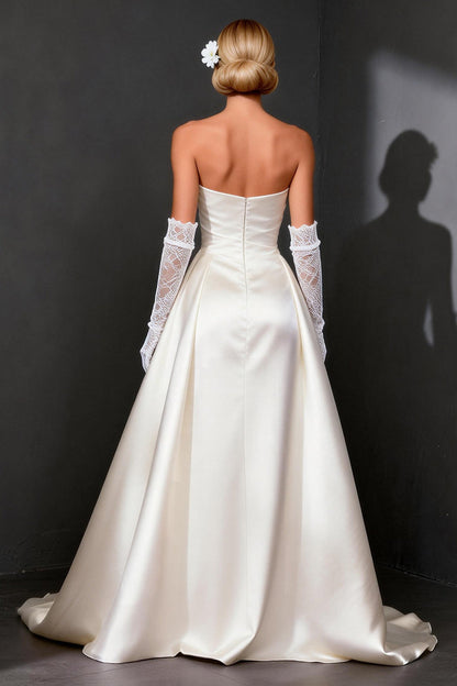 White Satin Strapless A Line High-Low Wedding Dress