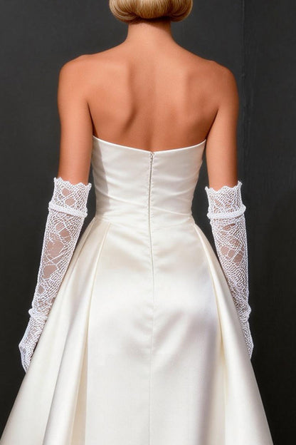 White Satin Strapless A Line High-Low Wedding Dress