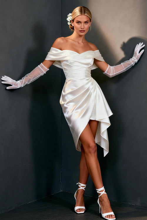 White Satin Ruched Bodycon Off The Shoulder Short Wedding Dress