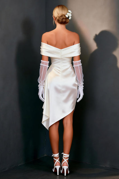 White Satin Ruched Bodycon Off The Shoulder Short Wedding Dress