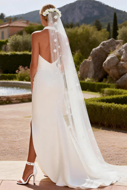 White Halter Keyhole Mermaid Ruched Sweep Train Wedding Dress with Slit