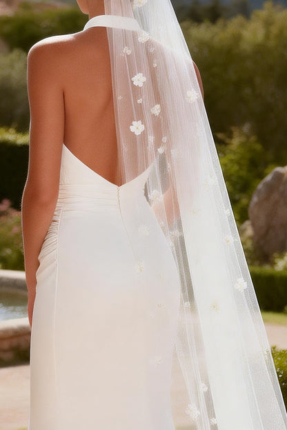White Halter Keyhole Mermaid Ruched Sweep Train Wedding Dress with Slit