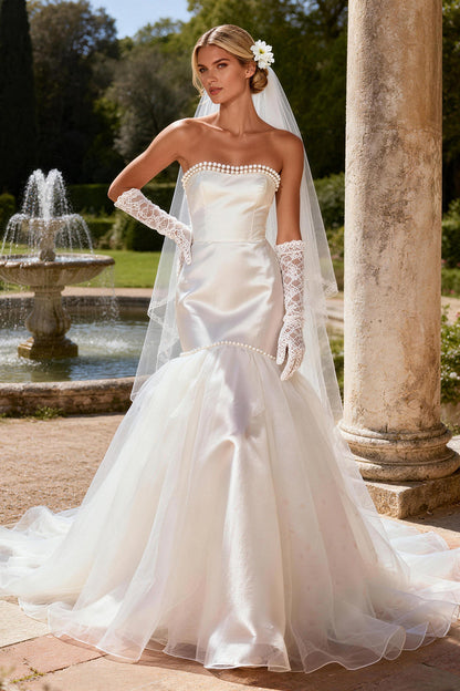 Ivory Satin Strapless Mermaid Beaded Sweep Train Wedding Dress