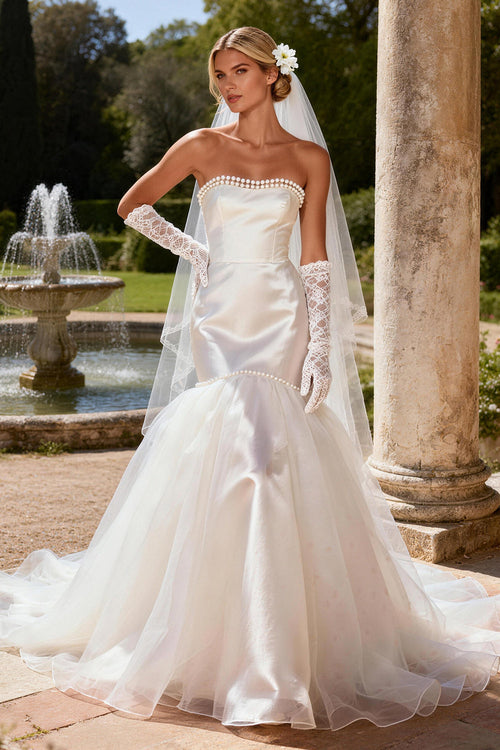 Ivory Satin Strapless Mermaid Beaded Sweep Train Wedding Dress