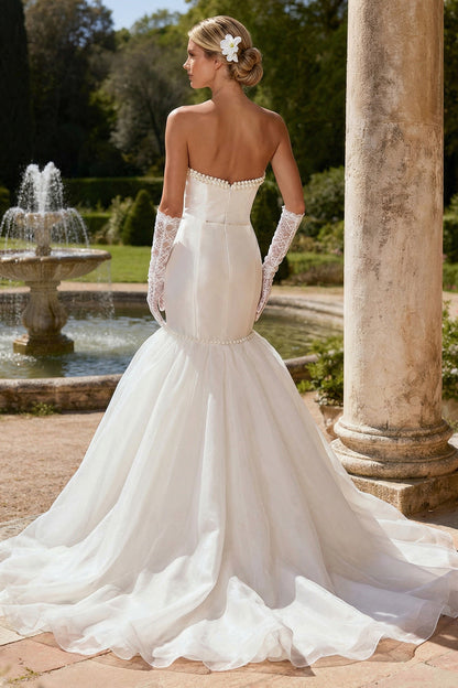 Ivory Satin Strapless Mermaid Beaded Sweep Train Wedding Dress