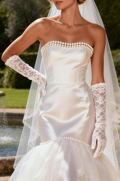 Ivory Satin Strapless Mermaid Beaded Sweep Train Wedding Dress