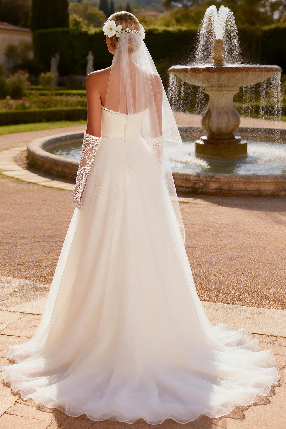 Ivory Tulle Strapless A Line Beaded Sweep Train Wedding Dress