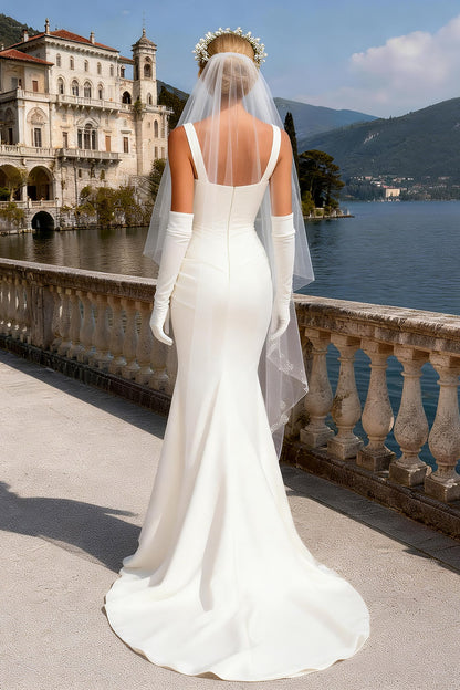 White Satin Corset Mermaid Square Neck Sweep Train Wedding Dress