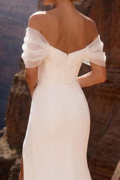 White Off The Shoulder Mermaid Sweep Train Wedding Dress with Slit