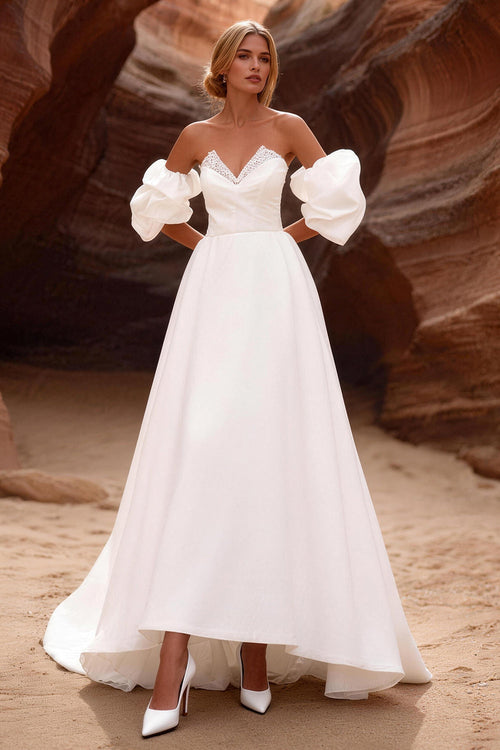 White Strapless A Line Corset Sweep Train Wedding Dress with Sleeves
