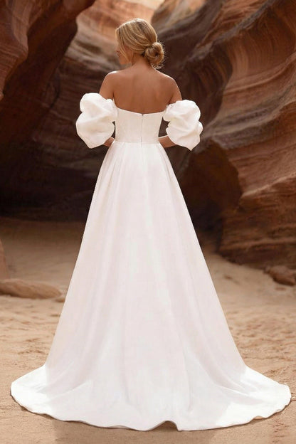 White Strapless A Line Corset Sweep Train Wedding Dress with Sleeves