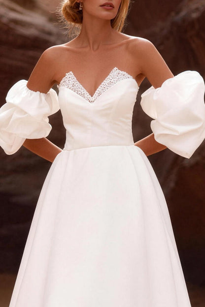 White Strapless A Line Corset Sweep Train Wedding Dress with Sleeves