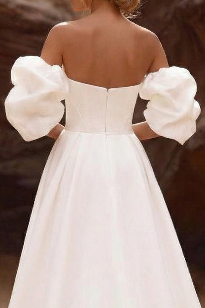 White Strapless A Line Corset Sweep Train Wedding Dress with Sleeves