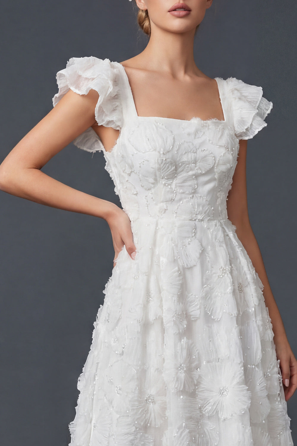 Sparkly White Ruffled Beaded Maxi Floral Boho Wedding Dress