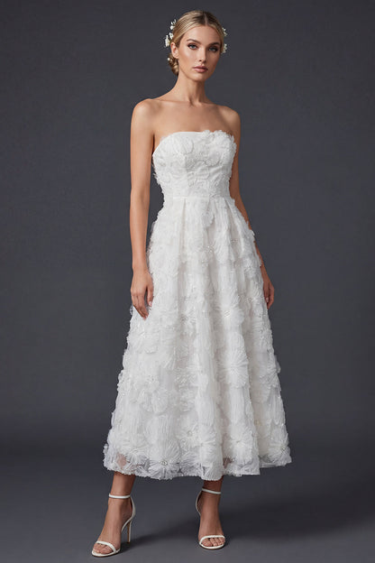 White A Line Strapless Maxi Floral Boho Wedding Dress