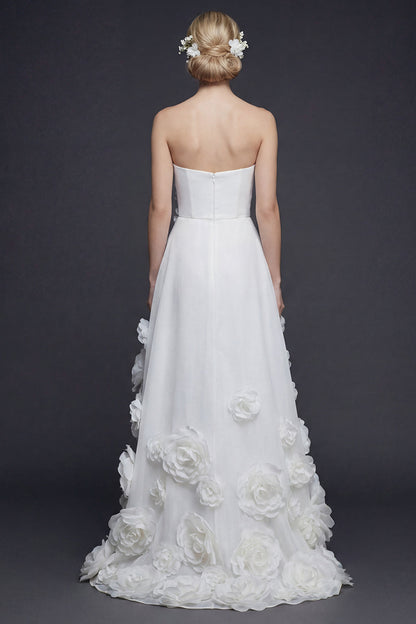 White Strapless A Line High-Low Boho Wedding Dress with 3D Flowers