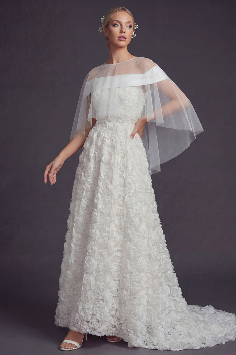 White Sweep Train A Line Floral Boho Wedding Dress with Cape
