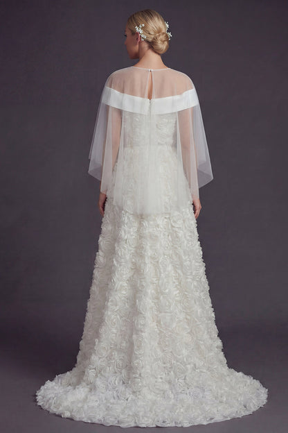White Sweep Train A Line Floral Boho Wedding Dress with Cape