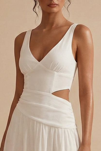White Maxi A Line V Neck Cut Out Engagement Dress