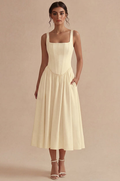 White Maxi Basque Waist Square Neck Corset Engagement Dress