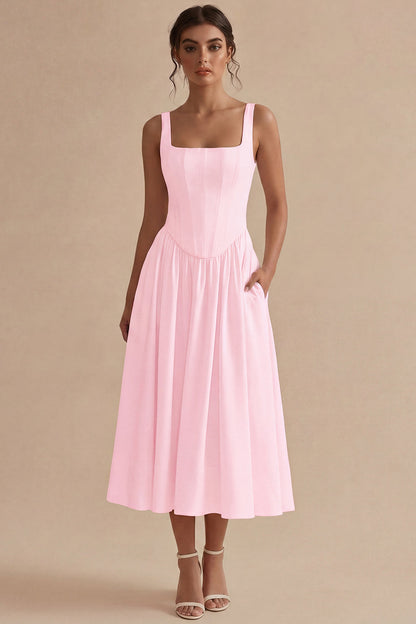 White Maxi Basque Waist Square Neck Corset Engagement Dress