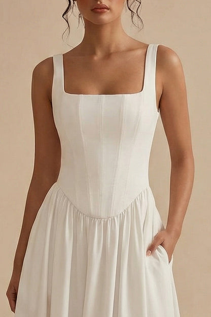 White Maxi Basque Waist Square Neck Corset Engagement Dress